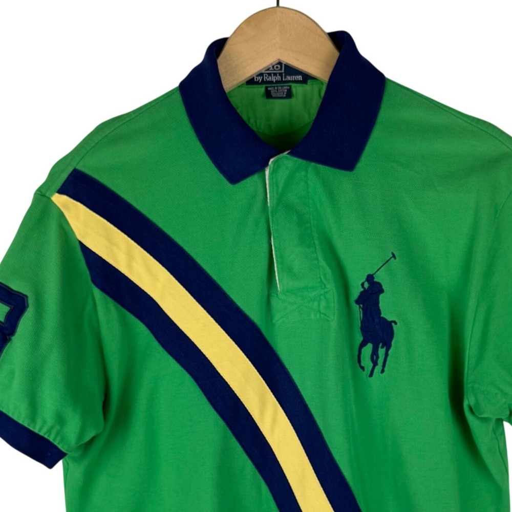 Polo Ralph Lauren Big Pony Rugby Polo Mens M Striped Green Cotton Mesh Shirt - Picture 2 of 8